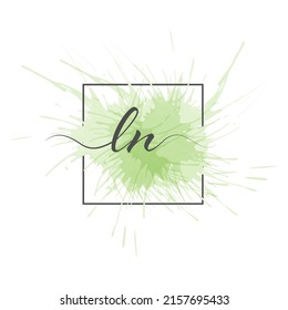 Calligraphic lowercase letters L and N are written in a solid line on a colored background in a frame