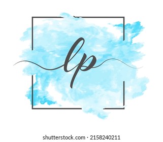 Calligraphic lowercase letters L and P are written in a solid line on a colored background in a frame