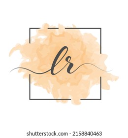 Calligraphic lowercase letters L and R are written in a solid line on a colored background in a frame
