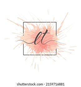 Calligraphic lowercase letters L and T are written in a solid line on a colored background in a frame