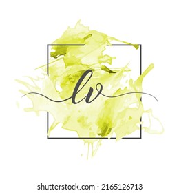 Calligraphic lowercase letters L and V are written in a solid line on a colored background in a frame