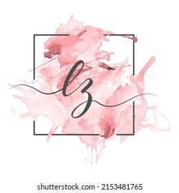Calligraphic lowercase letters L and Z are written in a solid line on a colored background in a frame