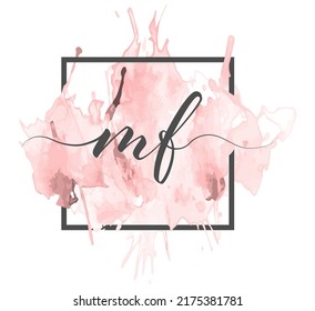 Calligraphic lowercase letters M and F are written in a solid line on a colored background in a frame