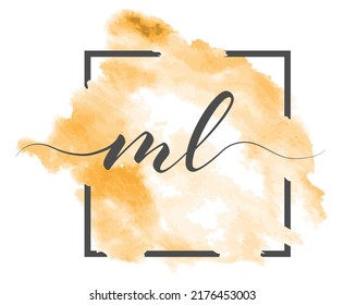 Calligraphic lowercase letters M and L are written in a solid line on a colored background in a frame
