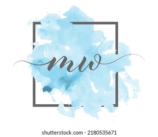 Calligraphic lowercase letters M and W are written in a solid line on a colored background in a frame