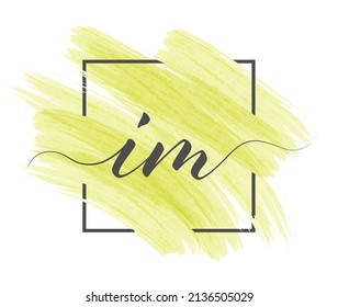 Calligraphic lowercase letters I and M are written in a solid line on a colored background in a frame.