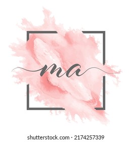 Calligraphic lowercase letters M and A are written in a solid line on a colored background in a frame