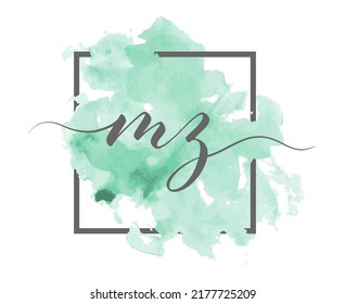 Las letras caligráficas minúsculas M y Z se escriben en una línea sólida sobre un fondo de color en un marco
