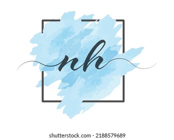 Calligraphic lowercase letters N and H are written in a solid line on a colored background in a frame