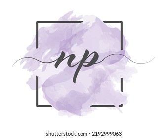 Calligraphic lowercase letters N and P are written in a solid line on a colored background in a frame