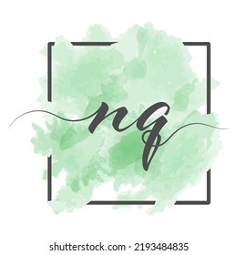 Calligraphic lowercase letters N and Q are written in a solid line on a colored background in a frame