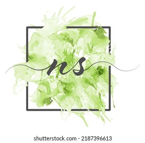 Calligraphic lowercase letters N and S are written in a solid line on a colored background in a frame