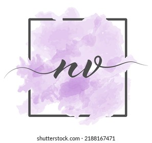 Calligraphic lowercase letters N and V are written in a solid line on a colored background in a frame
