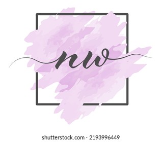 Calligraphic lowercase letters N and W are written in a solid line on a colored background in a frame