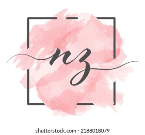 Calligraphic lowercase letters N and Z are written in a solid line on a colored background in a frame