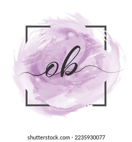 Calligraphic lowercase letters O and B are written in a solid line on a colored background in a frame