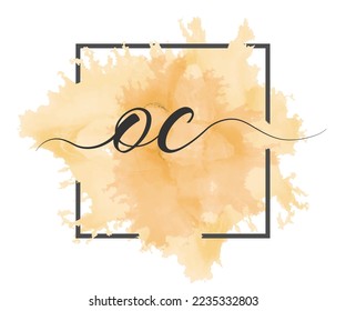 Las letras caligráficas minúsculas O y C se escriben en una línea sólida sobre un fondo de color en un marco