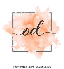 Calligraphic lowercase letters O and D are written in a solid line on a colored background in a frame