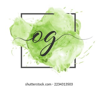 Calligraphic lowercase letters O and G are written in a solid line on a colored background in a frame