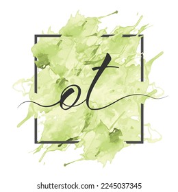 Calligraphic lowercase letters O and T are written in a solid line on a colored background in a frame