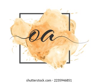 Calligraphic lowercase letters O and A are written in a solid line on a colored background in a frame