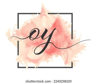 Calligraphic lowercase letters O and Y are written in a solid line on a colored background in a frame