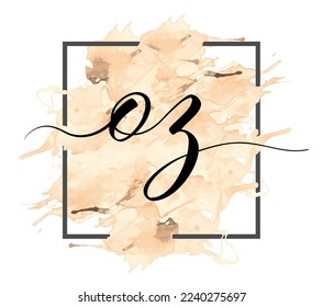 Las letras caligráficas minúsculas O y Z se escriben en una línea sólida sobre un fondo de color en un marco