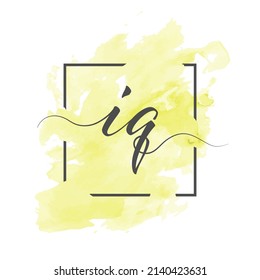 Calligraphic lowercase letters I and Q are written in a solid line on a colored background in a frame.