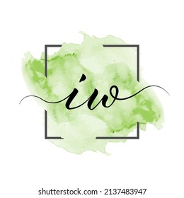 Calligraphic lowercase letters I and W are written in a solid line on a colored background in a frame.