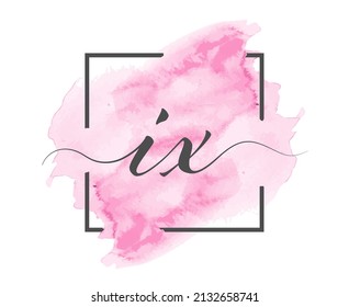 Calligraphic lowercase letters I and X are written in a solid line on a colored background in a frame.