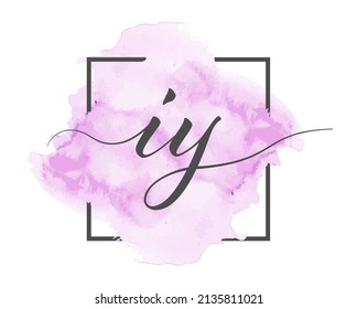 Calligraphic lowercase letters I and Y are written in a solid line on a colored background in a frame.