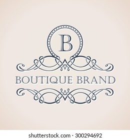 Calligraphic Luxury boutique logo. Emblem ornate decor elements. Vintage vector symbol ornament letter B