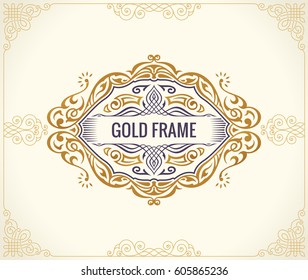 Calligraphic Luxury frame. Flourishes whiskey and vine packing bottle. Royal vintage gold logo, Emblem design. Decor for menu card, invitation label, Restaurant, Cafe, Hotel. Vector line illustration