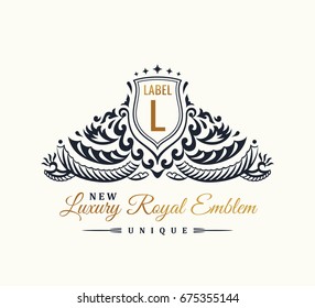 Calligraphic Luxury line Flourishes elegant emblem monogram. Royal vintage divider design. Black symbol decor for menu card, invitation label, Restaurant, Cafe, Hotel. Vector line letter L