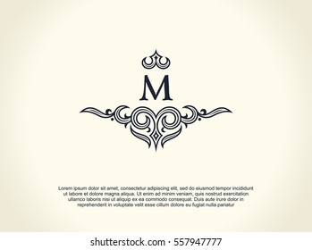 Calligraphic Luxury line logo. Flourishes elegant emblem monogram. Royal vintage divider design. Black symbol decor for menu card, invitation label, Restaurant, Cafe, Hotel. Vector line letter M