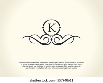 Calligraphic Luxury line logo. Flourishes elegant emblem monogram. Royal vintage divider design. Black symbol decor for menu card, invitation label, Restaurant, Cafe, Hotel. Vector line letter K