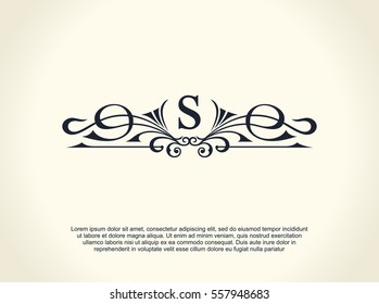 Calligraphic Luxury line logo. Flourishes elegant emblem monogram. Royal vintage divider design. Black symbol decor for menu card, invitation label, Restaurant, Cafe, Hotel. Vector line letter S