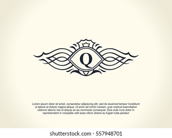 Calligraphic Luxury line logo. Flourishes elegant emblem monogram. Royal vintage divider design. Black symbol decor for menu card, invitation label, Restaurant, Cafe, Hotel. Vector line letter Q