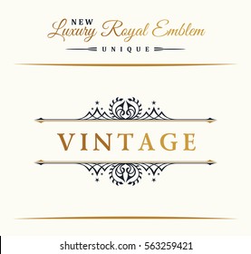 Calligraphic Luxury line logo. Flourishes gold frame. Emblem monogram. Royal vintage design. Black symbol decor for menu card, invitation label, Restaurant, Cafe, Hotel. Vector border illustration