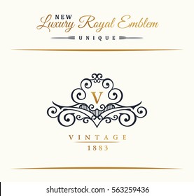 Calligraphic Luxury Line Logo. Flourishes Gold Frame. Emblem Monogram. Royal Vintage Design. Black Symbol Decor For Menu Card, Invitation Label, Restaurant, Cafe, Hotel. Vector Border V