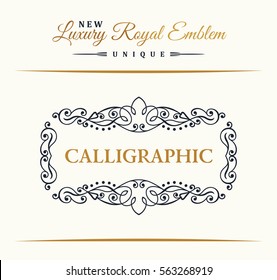 Calligraphic Luxury line logo. Flourishes gold frame. Emblem monogram. Royal vintage design. Black symbol decor for menu card, invitation label, Restaurant, Cafe, Hotel. Vector border illustration