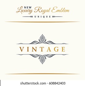 Calligraphic Luxury line logo. Flourishes gold frame. Emblem monogram. Royal vintage design. Black symbol decor for menu card, invitation label, Restaurant, Cafe, Hotel. Vector line illustration