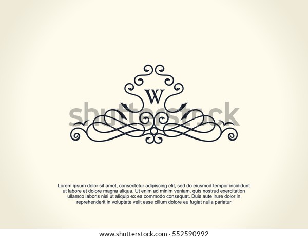 Calligraphic Luxury line logo. Flourishes elegant\
emblem monogram. Royal vintage divider design. Black symbol decor\
for menu card, invitation label, Restaurant, Cafe, Hotel. Vector\
line letter W