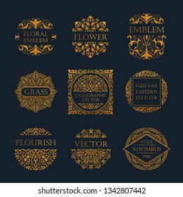 Calligraphic Luxury line logo set. Flourishes black frame. Emblem monogram. Royal vintage design. Black symbol decor for menu card, invitation label, Restaurant, Cafe, Hotel. Vector line illustration