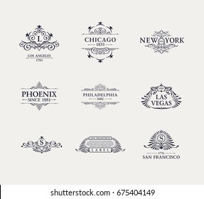 Calligraphic Luxury line logo set. Flourishes black frame. Emblem monogram. Royal vintage design. Black symbol decor for menu card, invitation label, Restaurant, Cafe, Hotel. Vector line illustration