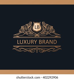 Calligraphic Luxury line logo template. Flourishes calligraphy elegant emblem. Royal logotype design. Gold decor for menu card invitation label, Restaurant, Cafe, Hotel. Vintage vector line symbol