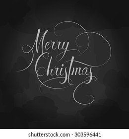 Calligraphic Merry Christmas chalkboard style greeting. Decorative elegance floral typographic writing for greeting card, banner, invitation, sign design. Vector elegant curled lettering.