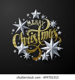 Calligraphic "Merry Christmas" Gold Lettering Decorated with White Paper Stars. Christmas Greeting Card 