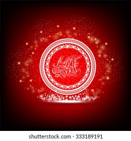 calligraphic merry christmas into circle pattern frame with sparks around on red background