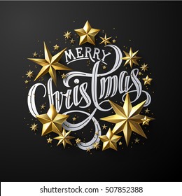 Calligraphic "Merry Christmas" Lettering Decorated with Gold Stars. Christmas Greeting Card .